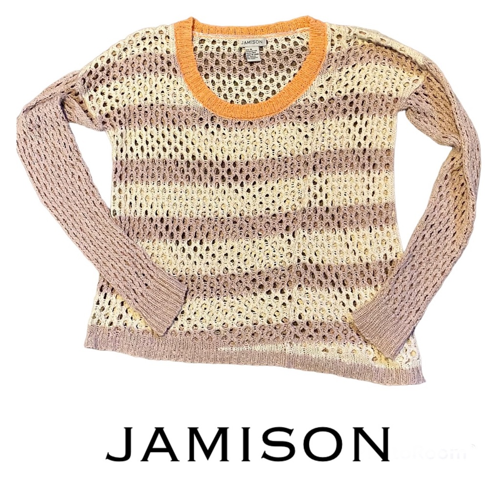 JAMISON Perforated Knit Striped Sweater Taupe Cream Coral Size Medium